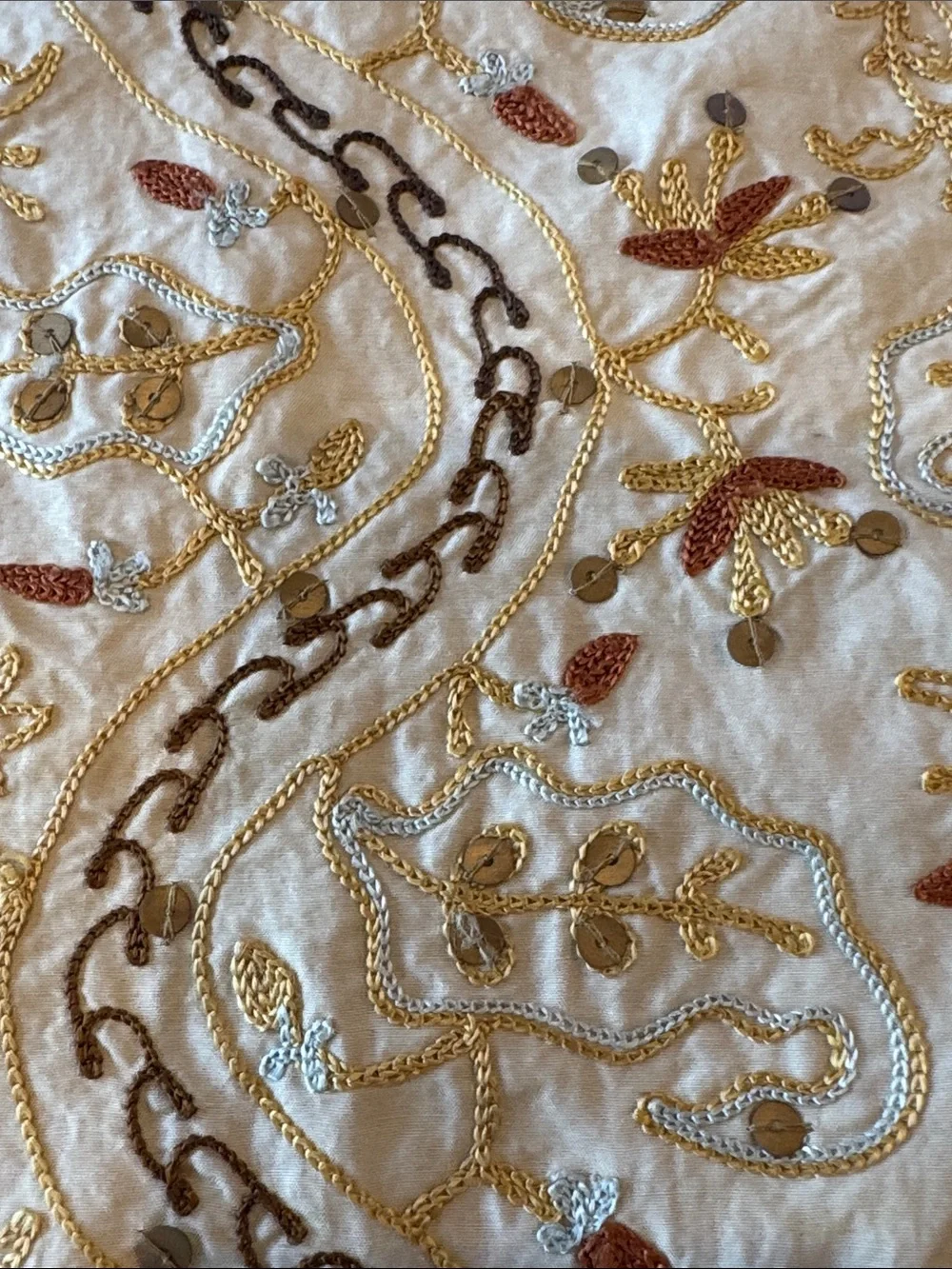 Vintage Banana Republic Embroidered Sequin Fringe Table Runner Cream Multi